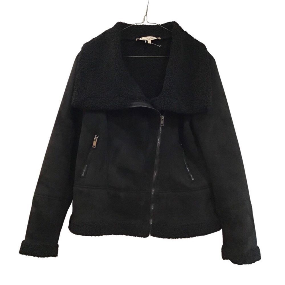 Black Faux Suede Faux Sherpa Moto Jacket, Size M